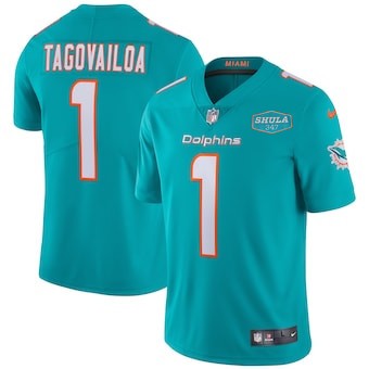 Nike Dolphins 1 Tua Tagovailoa Aqua With 347 Shula Patch Vapor Limited Men Jersey