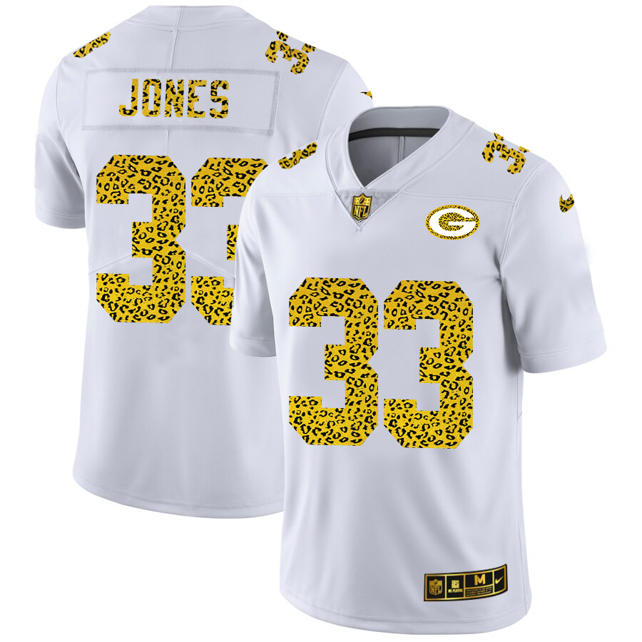 Green Bay Packers #33 Aaron Jones Men's Nike Flocked Leopard Vapor Limited NFL Jersey White