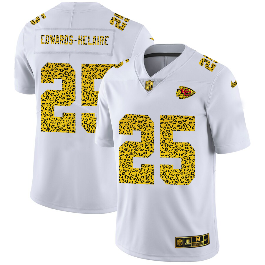 Kansas City Chiefs #25 Clyde Edwards-Helaire Men's Nike Flocked Leopard Vapor Limited NFL Jersey White