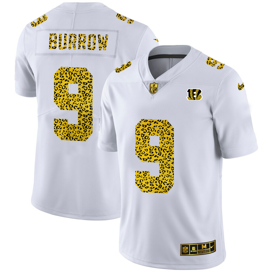 Cincinnati Bengals #9 Joe Burrow Men's Nike Flocked Leopard Vapor Limited NFL Jersey White