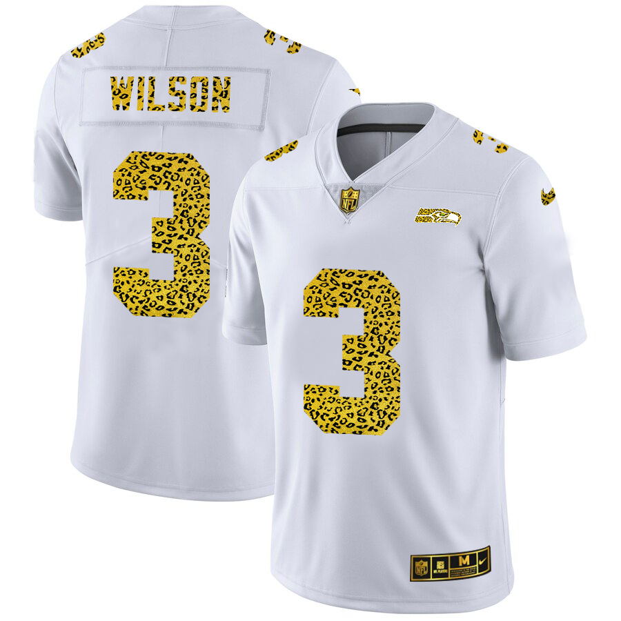 Seattle Seahawks #3 Russell Wilson Men's Nike Flocked Leopard Vapor Limited NFL Jersey White