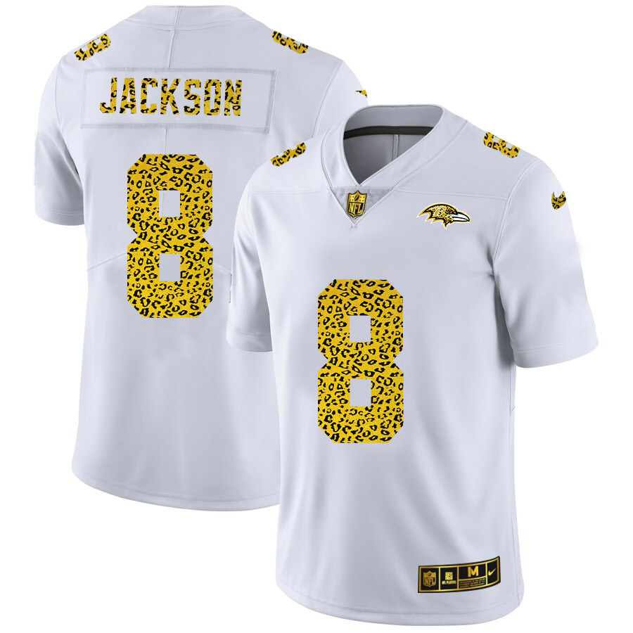 Baltimore Ravens #8 Lamar Jackson Men's Nike Flocked Leopard Vapor Limited NFL Jersey White