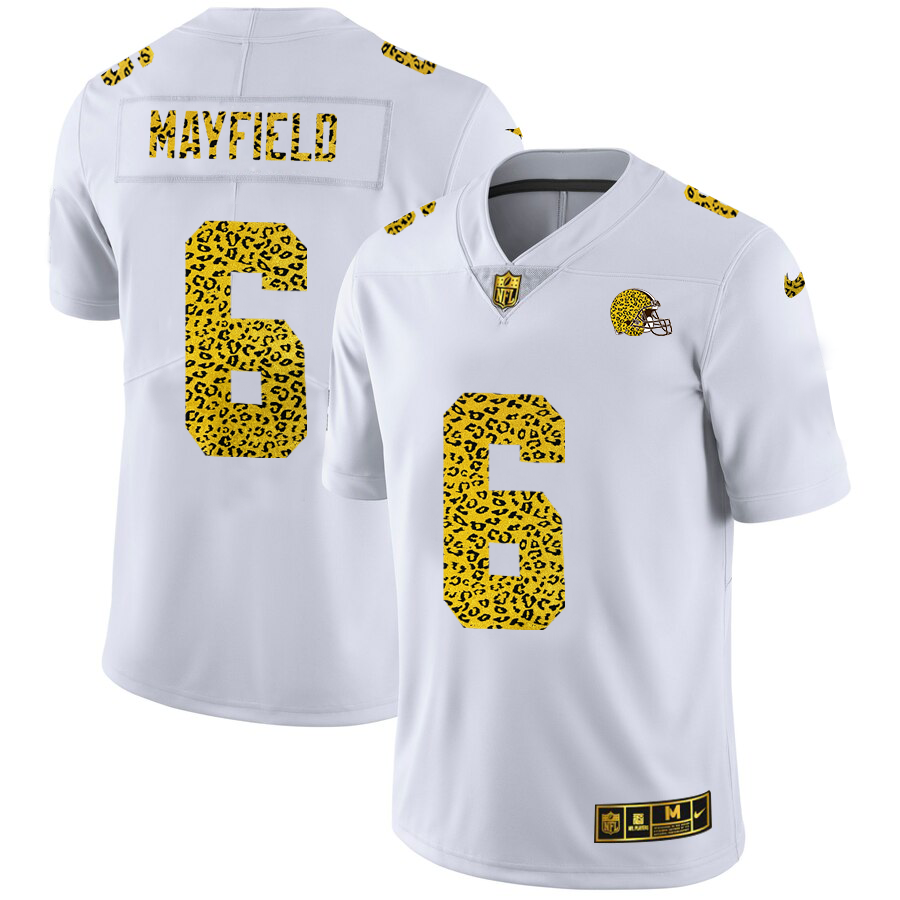 Cleveland Browns #6 Baker Mayfield Men's Nike Flocked Leopard Vapor Limited NFL Jersey White