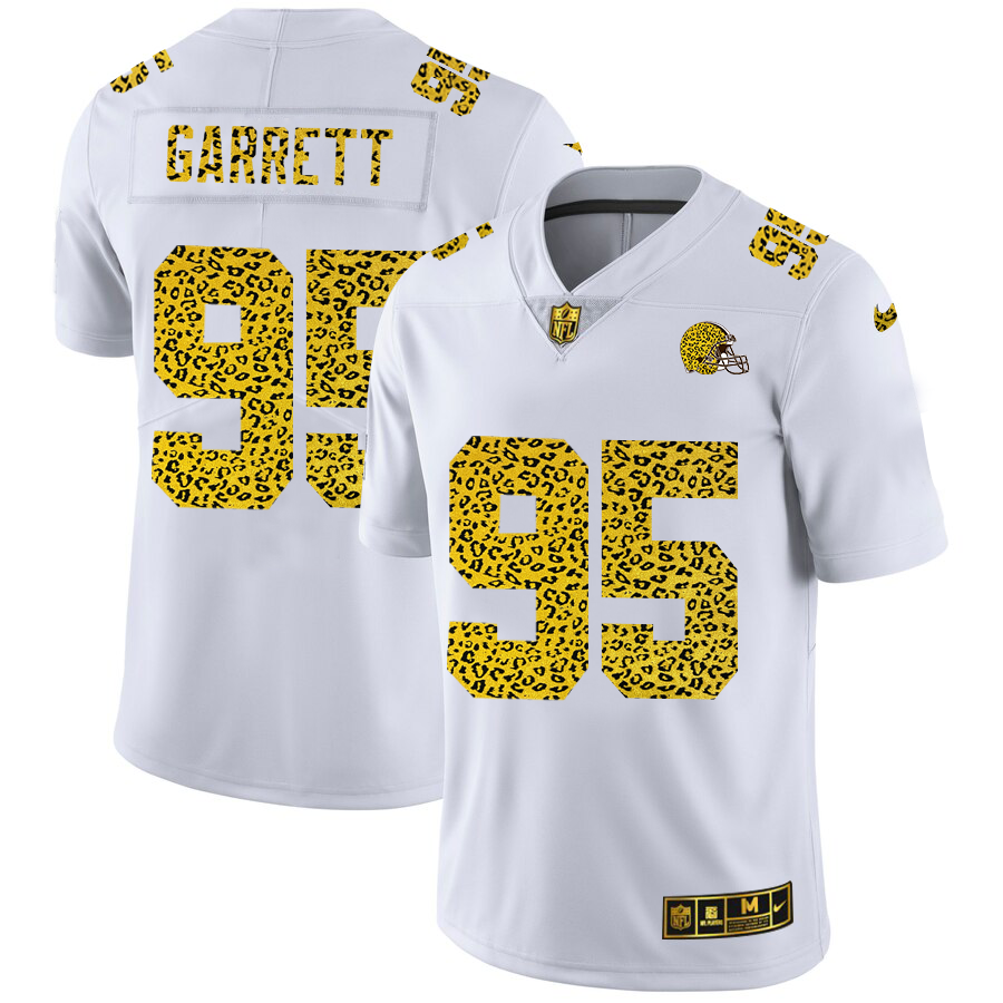 Cleveland Browns #95 Myles Garrett Men's Nike Flocked Leopard Vapor Limited NFL Jersey White