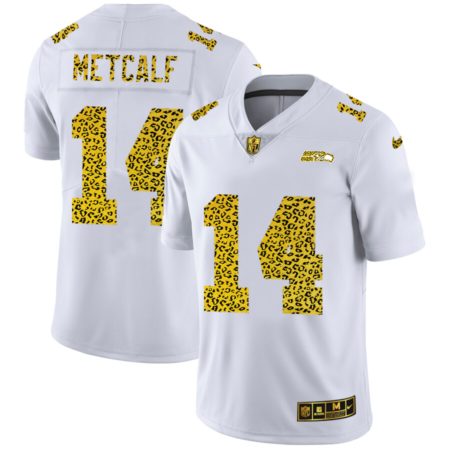 Seattle Seahawks #14 DK Metcalf Men's Nike Flocked Leopard Vapor Limited NFL Jersey White