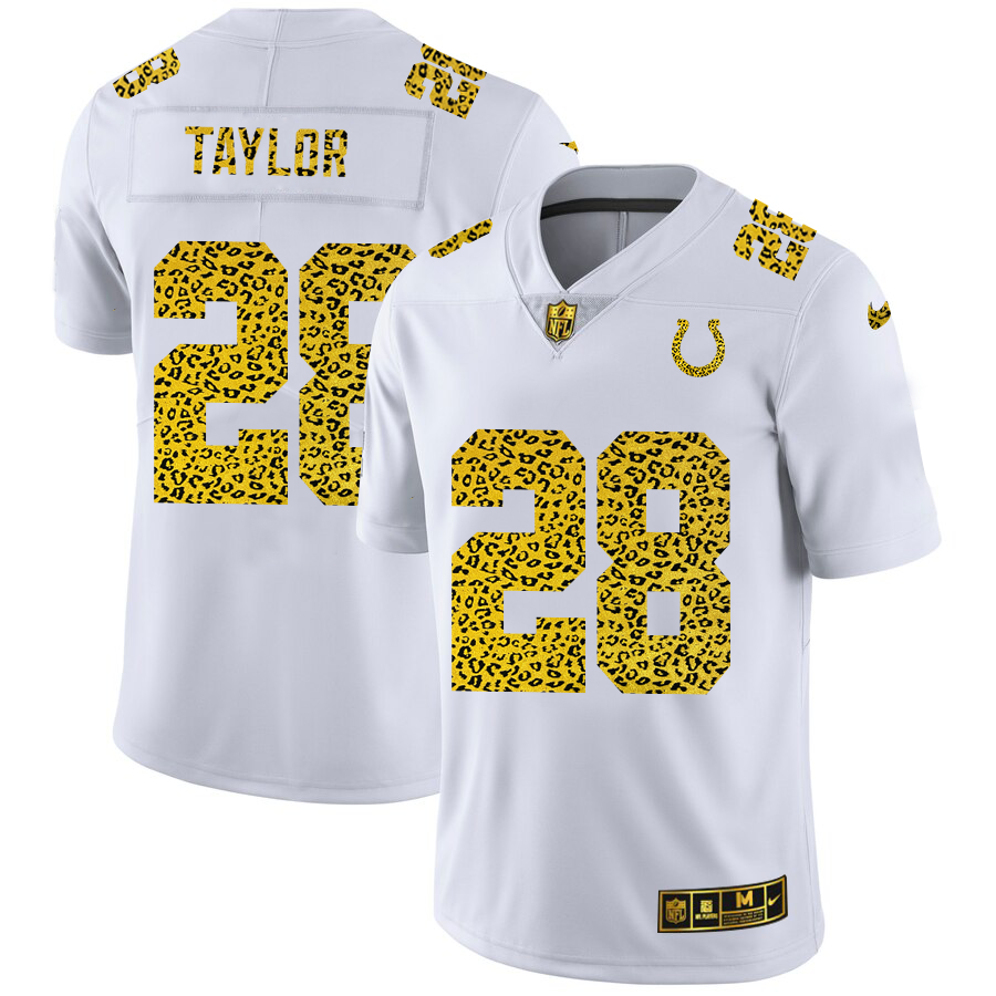 Indianapolis Colts #28 Jonathan Taylor Men's Nike Flocked Leopard Vapor Limited NFL Jersey White