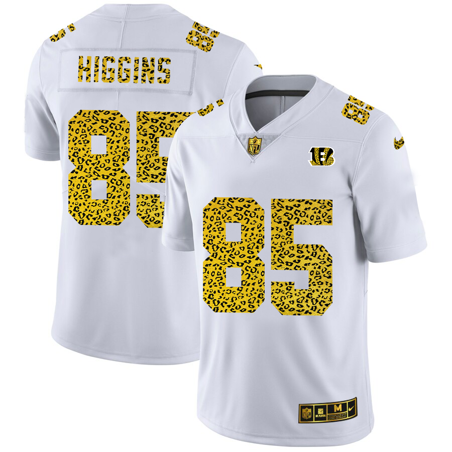 Cincinnati Bengals #85 Tee Higgins Men's Nike Flocked Leopard Vapor Limited NFL Jersey White