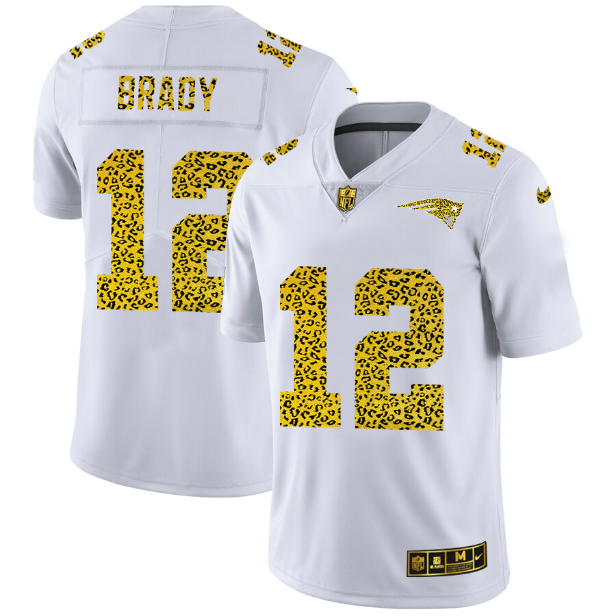 New England Patriots #12 Tom Brady Men's Nike Flocked Leopard Vapor Limited NFL Jersey White