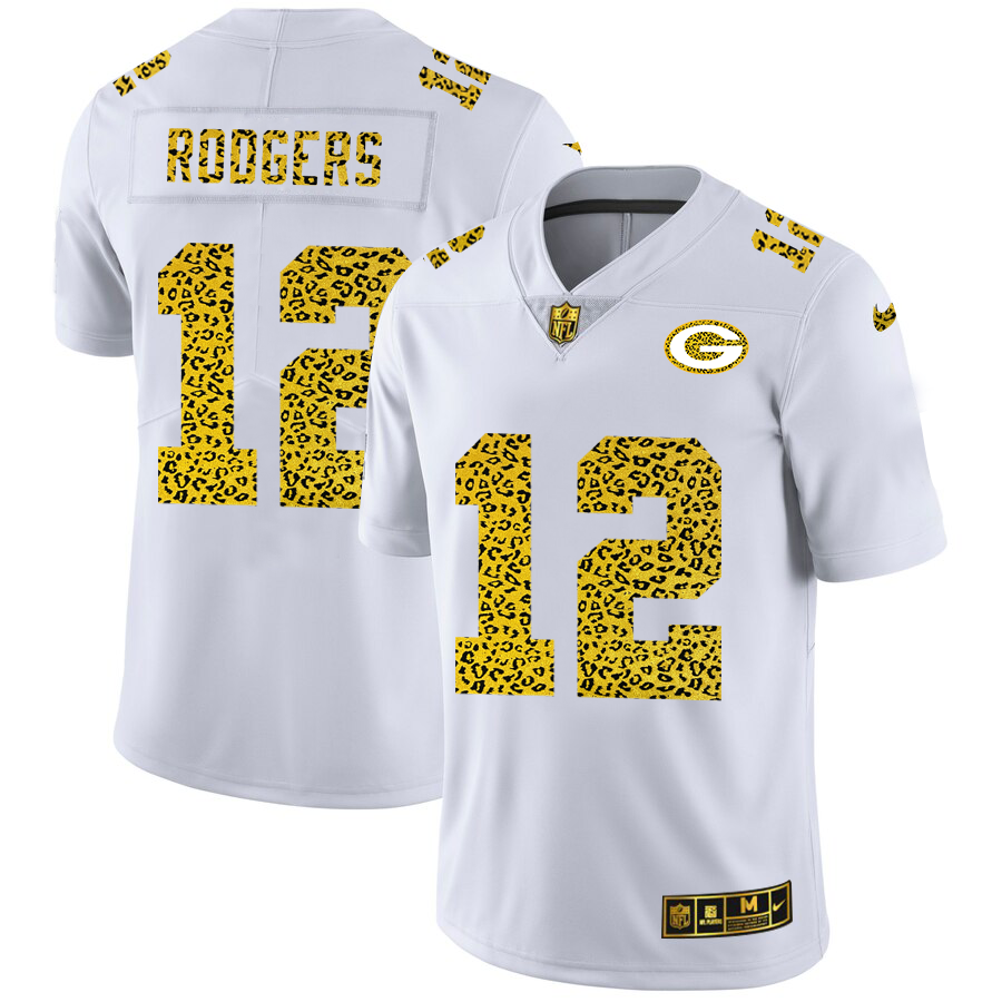 Green Bay Packers #12 Aaron Rodgers Men's Nike Flocked Leopard Vapor Limited NFL Jersey White