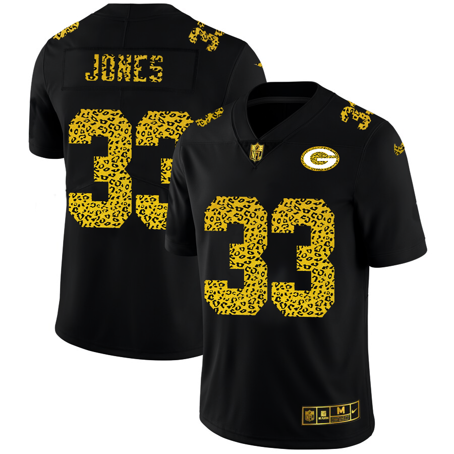 Green Bay Packers #33 Aaron Jones Men's Nike Leopard Fashion Vapor Limited NFL Jersey Black