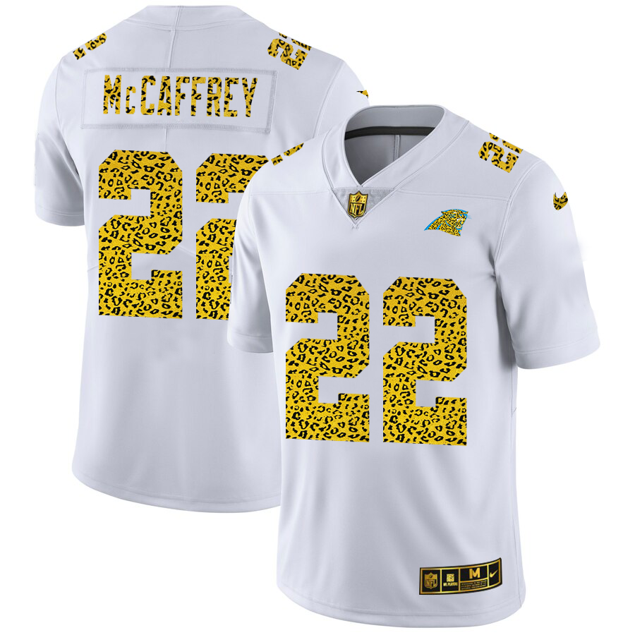 Carolina Panthers #22 Christian McCaffrey Men's Nike Flocked Leopard Vapor Limited NFL Jersey White