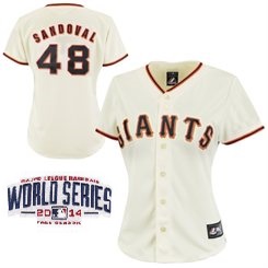 Women San Francisco Giants #48 Pablo Sandoval Cream MLB Jerseys W 2014 World Series Patch