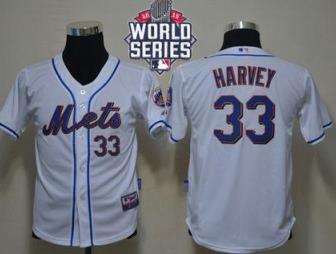 Youth New York Mets #33 Matt Harvey White Cool Base W 2015 World Series Patch Stitched MLB Jersey