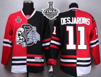 Blackhawks #11 Andrew Desjardins Red Black Split White Skull 2015 Stanley Cup Stitched NHL Jersey