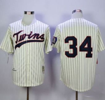 Mitchell And Ness Minnesota Twins #34 Kirby Puckett Cream Strip Throwback Stitched MLB Jersey