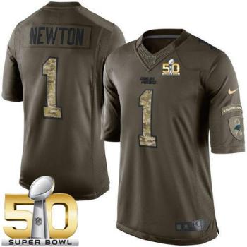 Youth Nike Panthers #1 Cam Newton Green Super Bowl 50 Stitched NFL Limited Salute To Service Jersey