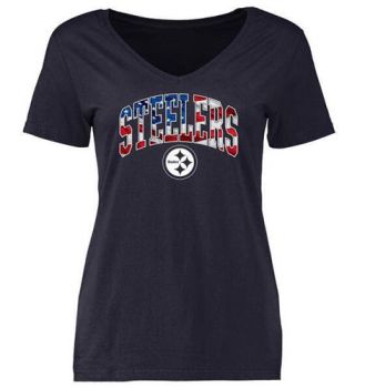 Womens Pittsburgh Steelers Pro Line Navy Banner Wave Slim Fit V-Neck T-Shirt