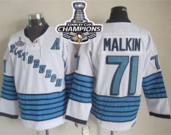 Pittsburgh Penguins #71 Evgeni Malkin WhiteLight Blue CCM Throwback 2016 Stanley Cup Champions Stitched NHL Jersey