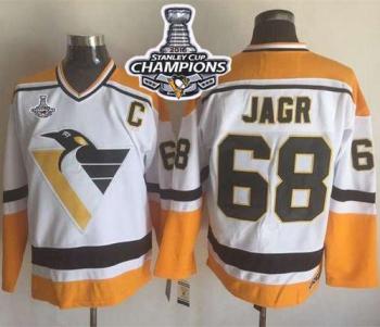 Pittsburgh Penguins #68 Jaromir Jagr WhiteYellow CCM Throwback 2016 Stanley Cup Champions Stitched NHL Jersey