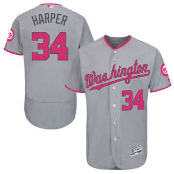 #34 Men's Washington Nationals Bryce Harper Majestic Gray Road 2016 Mother's Day Flex Base Jersey