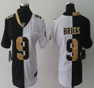 Cheap Womens Nike New Orleans Saints 9 Drew Brees Black and White Split NFL Jersey