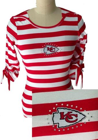 Cheap Ladies Kansas City Chiefs Striped Boat Neck Three-Quarter Sleeve T-Shirt