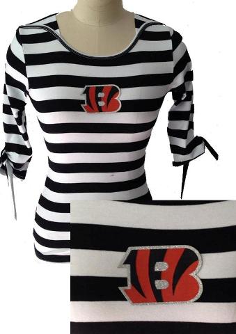 Cheap Ladies Cincinnati Bengals Striped Boat Neck Three-Quarter Sleeve T-Shirt