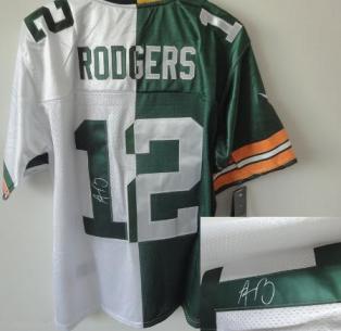 Nike Green Bay Packers 12 Aaron Rodgers White Green Split Elite Signed NFL Jerseys Cheap